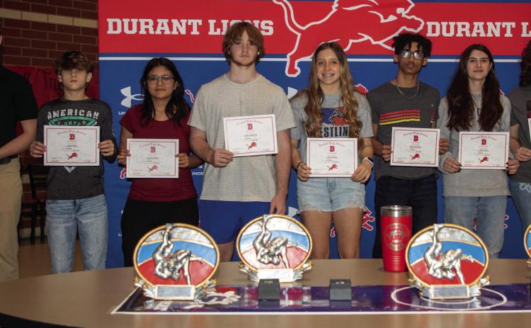 Athletic awards were presented at the Durant High School wrestling banquet earlier this month and the following freshmen received awards: Evan Smith, Canan Walls, Mariana Ramirez, Caiden Pepperman, Chloe Marlow, Shawn Humphrey, Olivia Frazer and Cedar Derby. Matt Swearengin | Durant Democrat