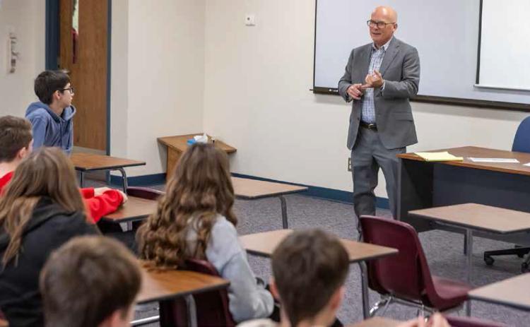Retired Bryan County Associate District Judge Trace Sherrill speaks to 8th graders during the Career Discovery Day at Southeastern Oklahoma State University. Dan Hoke | SE