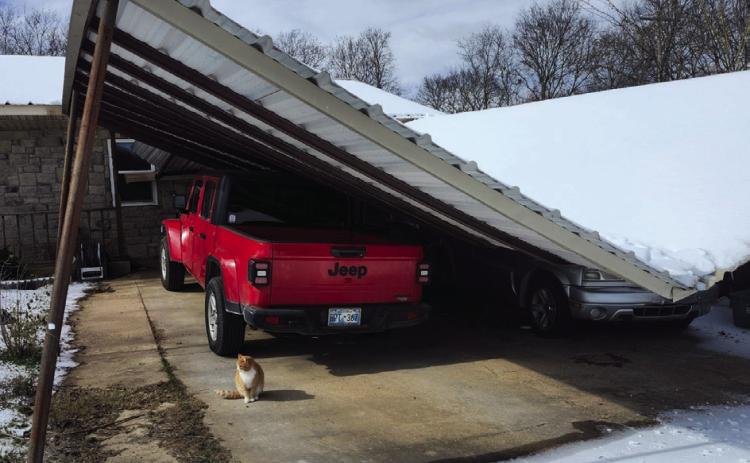 The weight of the ice caused this collapse in Caddo. Photo by Karen Maple