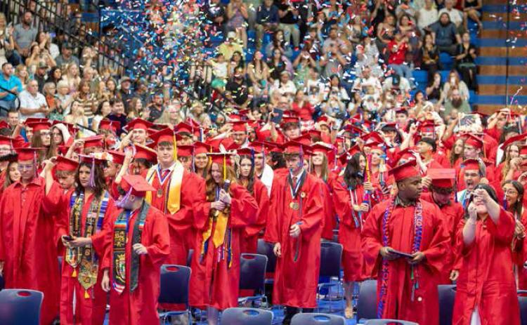 The Durant High School class of 2026 celebrates at the conclusion of commencement May 21 at Southeastern Bloomer Sullivan Arena. Matt Swearengin | Durant Democrat