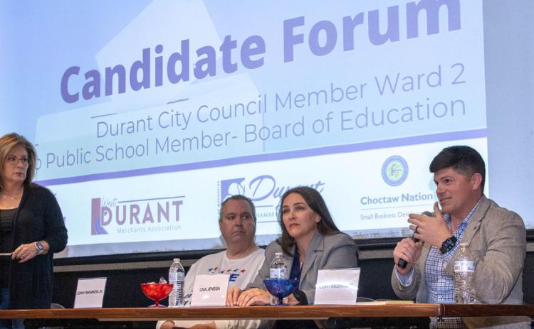 A candidate forum for Durant City Council Ward 2 and Silo Board of Education was Feb. 9 at the Donald W. Reynolds Community Center &amp; Library. Lisanne Anderson from KTEN was the moderator and she is shown with city council candidates Johnny Manners Jr., Lisa Jensen and Clint Morrison. Morrison won the Feb. 10 election. Matt Swearengin | Durant Democrat