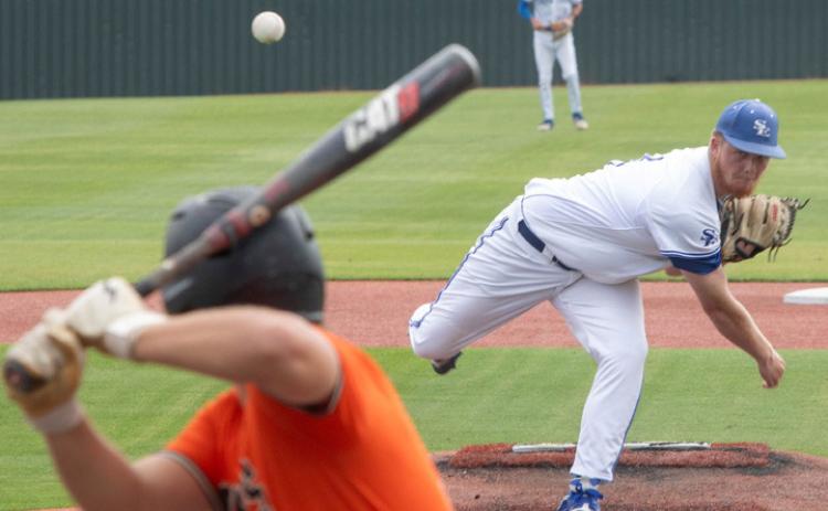 SE hurler Jacob Fuller fires the ball at an East Central batter. Matt Swearengin | Durant Democrat